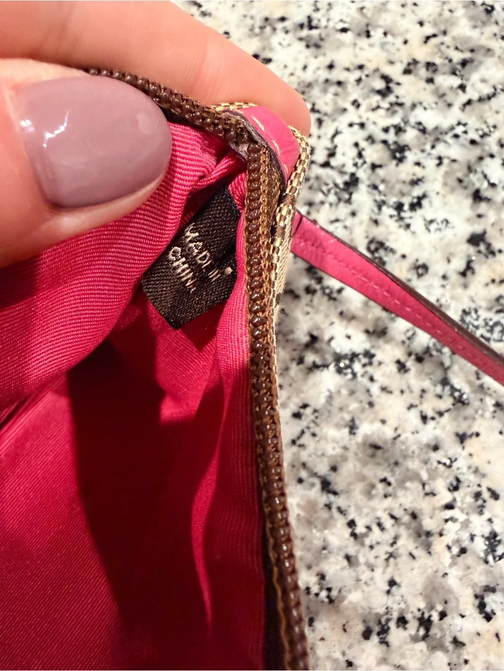 Coach Signature Canvas Wristlet in Brown and Hot Pink